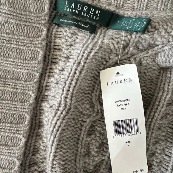 Lauren Ralph Lauren Cashmere blend Open-Front Cable Knit Cardigan Sweater L NWT